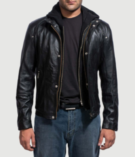 Highschool Real Cowhide Leather Black Hooded Leather Jacket - JH0021