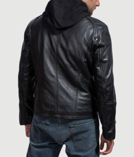 Highschool Real Cowhide Leather Black Hooded Leather Jacket - JH0021