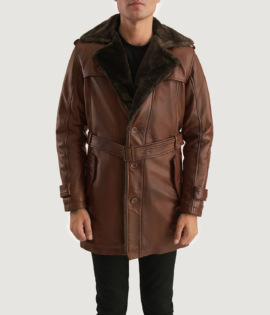 Mens Real Sheepskin Leather Hunter Distressed Brown Fur Leather Coat - JH0112