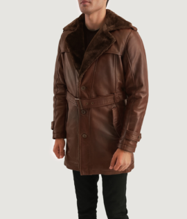 Mens Real Sheepskin Leather Hunter Distressed Brown Fur Leather Coat - JH0112