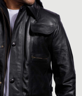 Mens Real Cowhide Leather Moulder Hooded Black Leather Jacket - JH0046