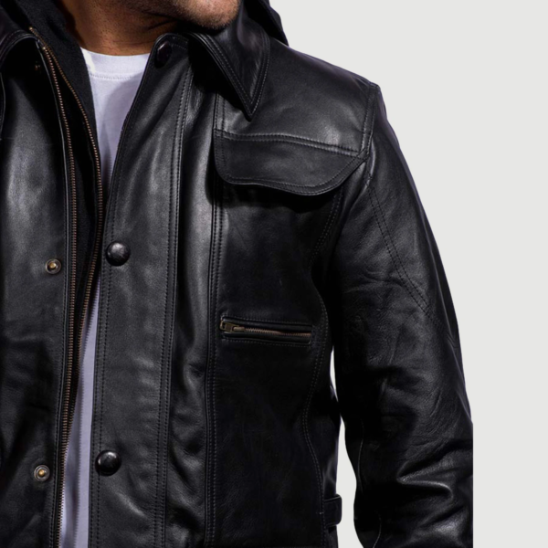 Mens Real Cowhide Leather Moulder Hooded Black Leather Jacket - JH0046