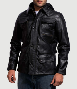 Mens Real Cowhide Leather Moulder Hooded Black Leather Jacket - JH0046