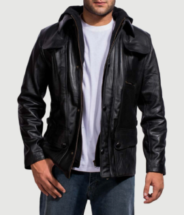 Mens Real Cowhide Leather Moulder Hooded Black Leather Jacket - JH0046