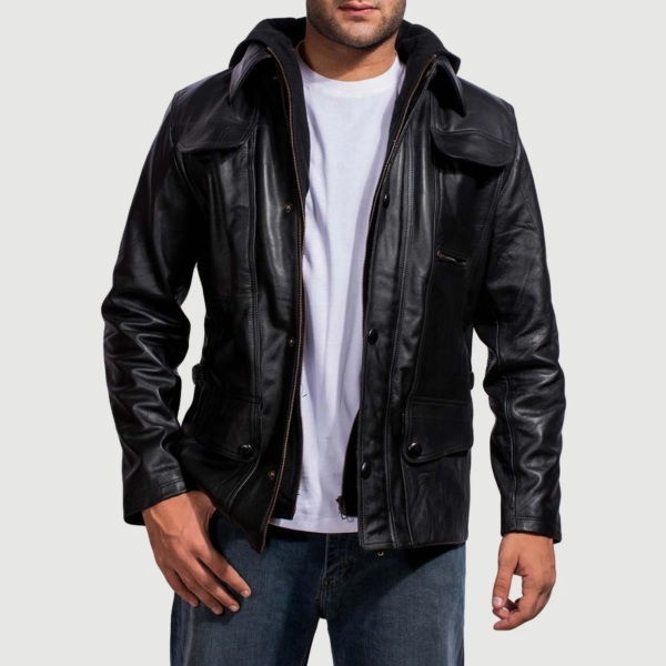 Mens Real Cowhide Leather Moulder Hooded Black Leather Jacket - JH0046