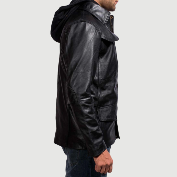 Mens Real Cowhide Leather Moulder Hooded Black Leather Jacket - JH0046