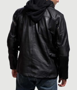 Mens Real Cowhide Leather Moulder Hooded Black Leather Jacket - JH0046