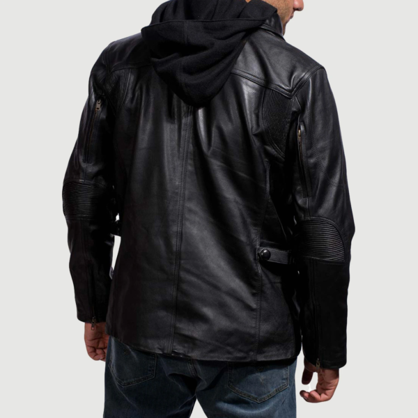 Mens Real Cowhide Leather Moulder Hooded Black Leather Jacket - JH0046