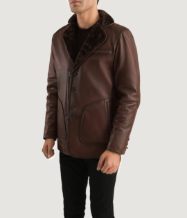 Mens Sheepskin Leather Rocky Brown Fur Leather Coat - JH0041