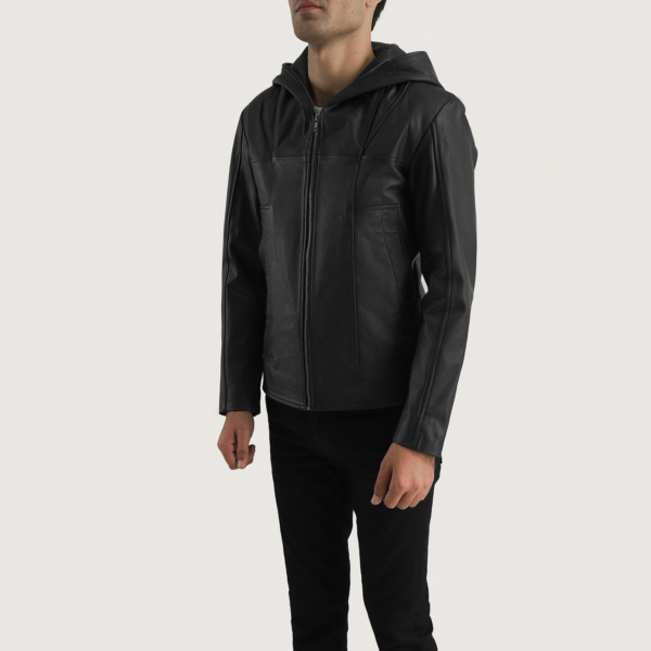 Mens Real Sheepskin Leather Spratt Black Hooded Leather Jacket - JH0107