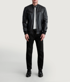 Mens Cowhide Leather Sven Black Leather Bomber Jacket - JH0036