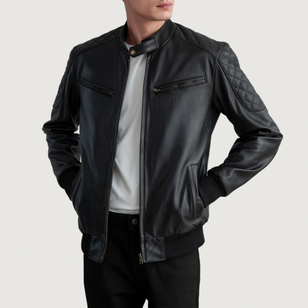 Mens Cowhide Leather Sven Black Leather Bomber Jacket - JH0036