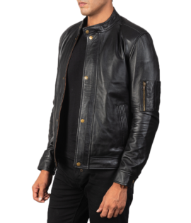 Mens Real Sheepskin Leather Tea House Black Leather Biker Jacket - JH0025