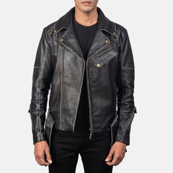 Mens Real Cowhide Leather Vincent Black Leather Biker Jacket - JH0010