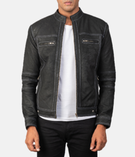 Mens Glen Street Black Leather Bomber Jacket - JH0017