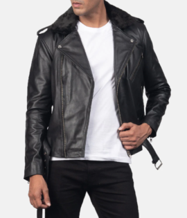 Mens Real Cowhide Leather Furton Black Leather Biker Jacket - JH0054