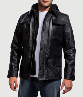 Mens Real Cowhide Leather Moulder Hooded Black Leather Jacket - JH0046