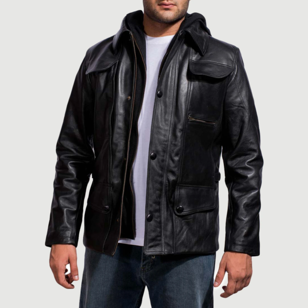 Mens Real Cowhide Leather Moulder Hooded Black Leather Jacket - JH0046