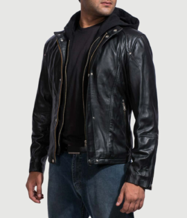 Highschool Real Cowhide Leather Black Hooded Leather Jacket - JH0021