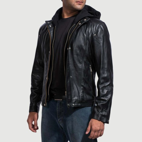 Highschool Real Cowhide Leather Black Hooded Leather Jacket - JH0021