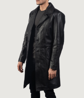 Mens Real Cowhide Leather Don Long Black Coat - JH0018