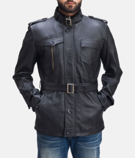 Mens Real Sheepskin Leather Hunter Black Leather Jacket - JH0037