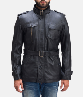 Mens Real Sheepskin Leather Hunter Black Leather Jacket - JH0037