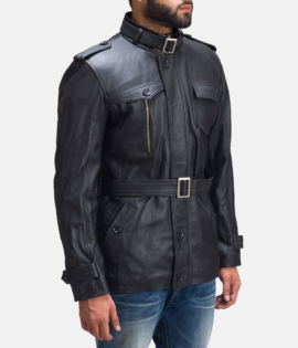 Mens Real Sheepskin Leather Hunter Black Leather Jacket - JH0037