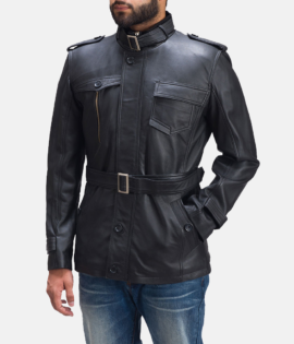 Mens Real Sheepskin Leather Hunter Black Leather Jacket - JH0037