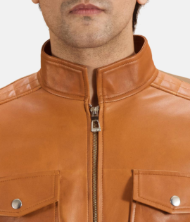 Mens Real Sheepskin Leather Voltex Tan Leather Biker Jacket - JH0094