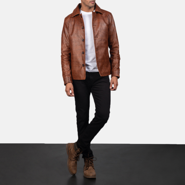 Mens Real Sheepskin Leather Waffle Brown Leather Jacket - JH0027