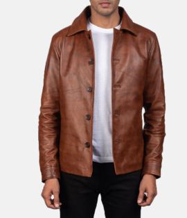 Mens Real Sheepskin Leather Waffle Brown Leather Jacket - JH0027