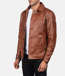 Mens Real Sheepskin Leather Waffle Brown Leather Jacket - JH0027