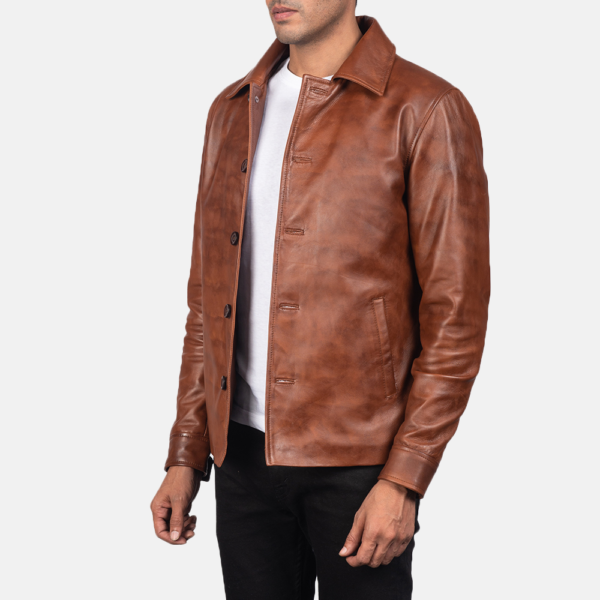 Mens Real Sheepskin Leather Waffle Brown Leather Jacket - JH0027