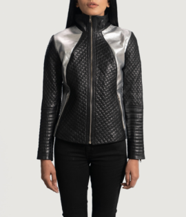 Womens Alia Metallic Black Leather Biker Jacket - JH0079