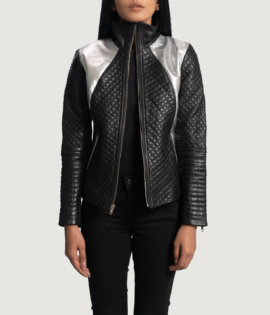 Womens Alia Metallic Black Leather Biker Jacket - JH0079