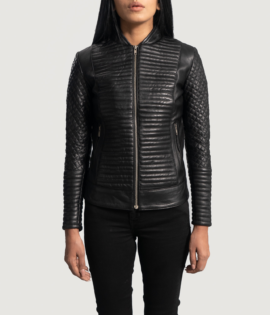 Womens Cityscape Black Leather Biker Jacket - JH0067