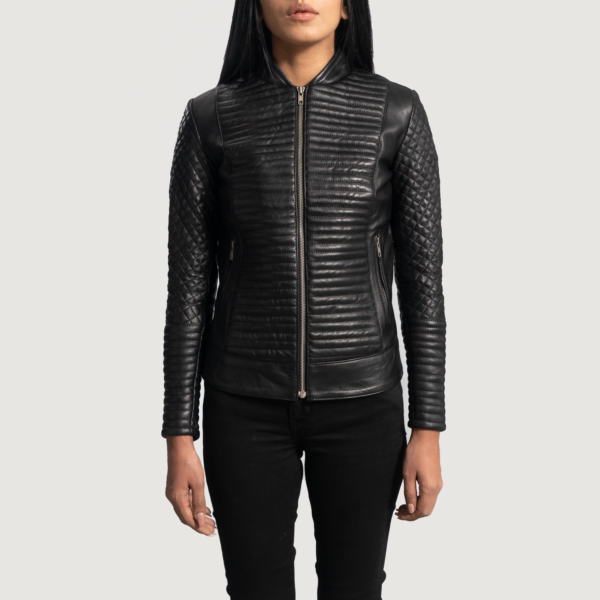 Womens Cityscape Black Leather Biker Jacket - JH0067