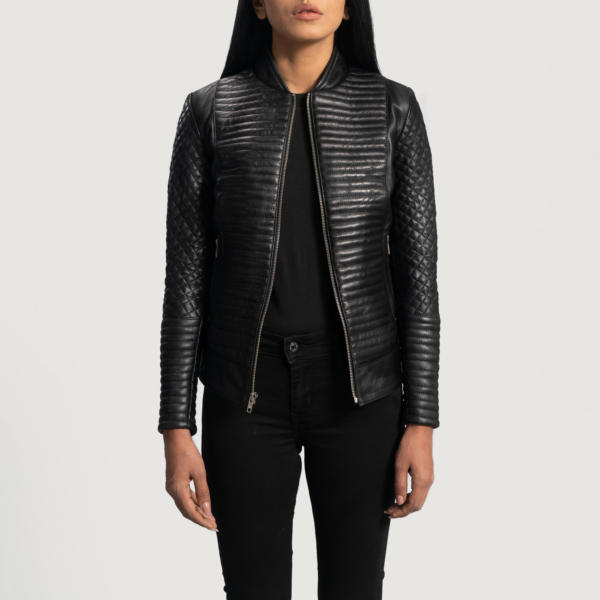 Womens Cityscape Black Leather Biker Jacket - JH0067