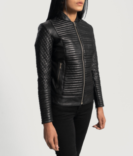 Womens Cityscape Black Leather Biker Jacket - JH0067