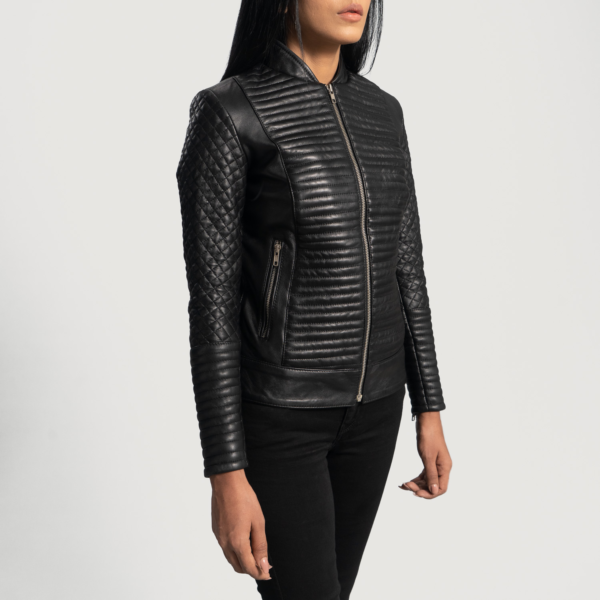 Womens Cityscape Black Leather Biker Jacket - JH0067