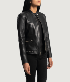 Womens Real Sheepskin Leather Haley Ray Black Biker Jacket - JH0068