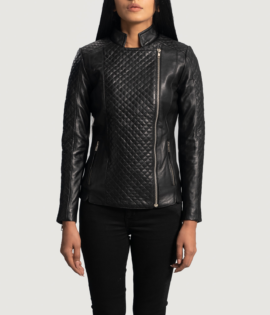 Womens Orient Grain Quilted Black Leather Biker Jacket - JH0070