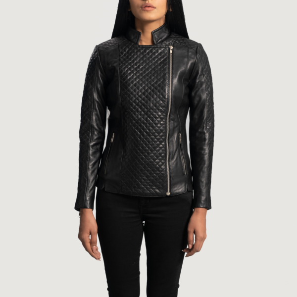 Womens Orient Grain Quilted Black Leather Biker Jacket - JH0070