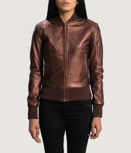 Womens Sheepskin Reida Maroon Leather Bomber Jacket - JH0078