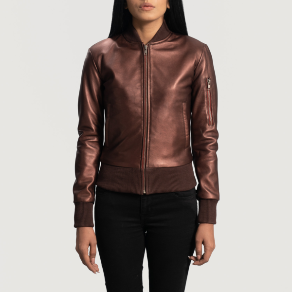 Womens Sheepskin Reida Maroon Leather Bomber Jacket - JH0078