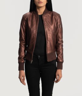 Womens Sheepskin Reida Maroon Leather Bomber Jacket - JH0078