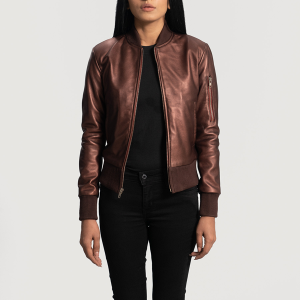 Womens Sheepskin Reida Maroon Leather Bomber Jacket - JH0078