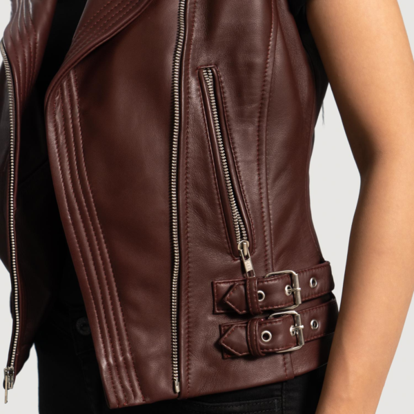 Womens Real Leather Rhonda Maroon Leather Biker Vest - JH0075