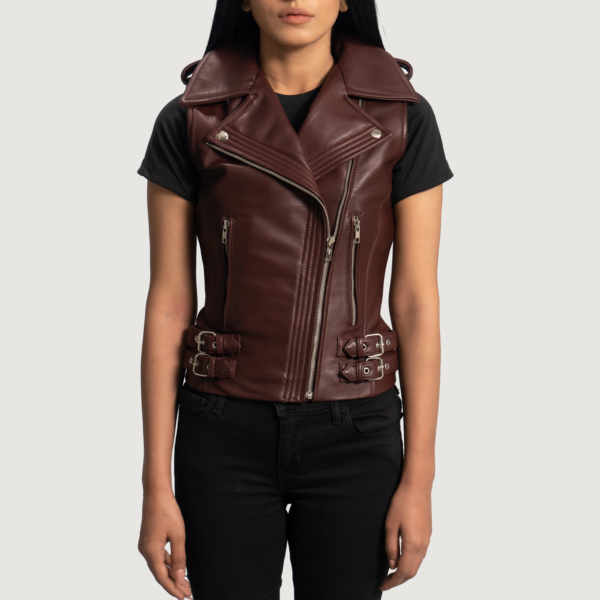 Womens Real Leather Rhonda Maroon Leather Biker Vest - JH0075